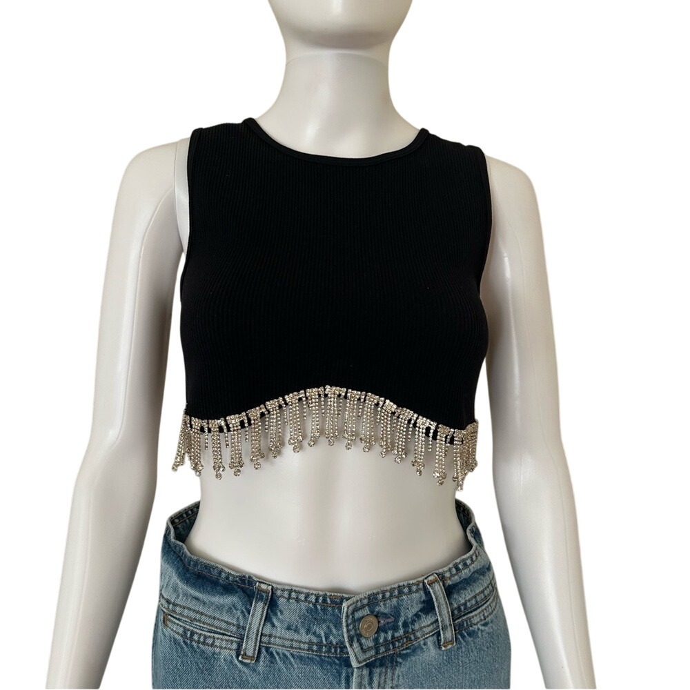 Sincerely Jules Black Ribbed Rhinestone Fringe Sleeveless Crop Top Size Large
